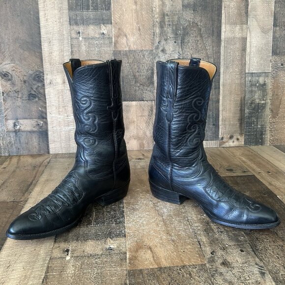 Lucchese San Antonio Vintage Ostrich Inlay Black Cowboy Boots Mens 10.5 D - Picture 11 of 12
